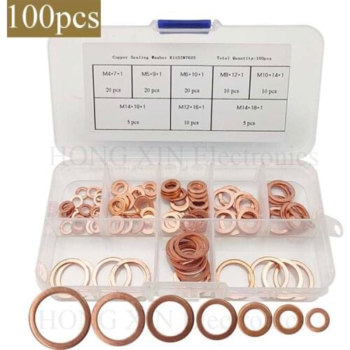 100pcs/set M4-M14 Professional Assorted Copper Washer Gasket Set Flat Ring Seal Assortment Kit