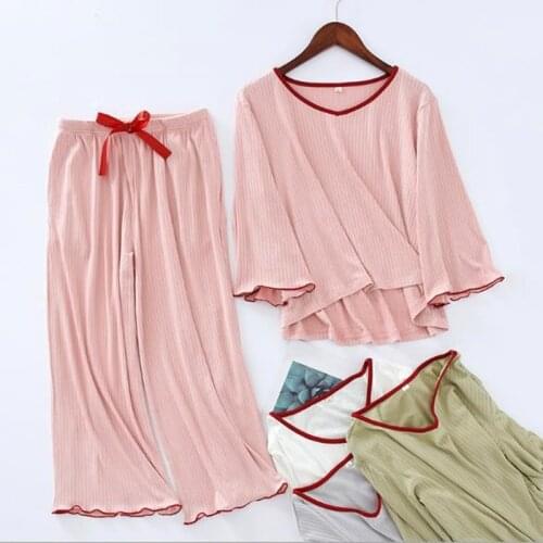 Autumn winter women pajamas set 3/4 sleeve top + cropped pant pijamas women cotton loose sleepwear home clothes womens pyjamas