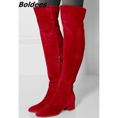 Stylish Women Simply Designer Red Suede Block Heeled Long Boots Round Chunky High Heel Knee High Boots Celebrity Design