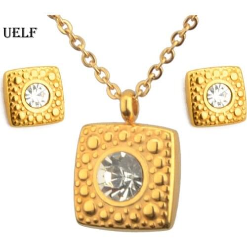 UELF Elegant Wedding Crystal African Jewelry Sets for Women Gold Color Square Pendant Necklace Earrings Party Jewellery
