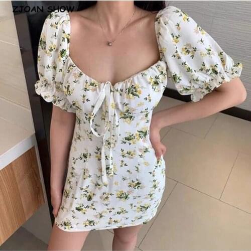France Style Vintage Bandage Bow Square Collar Puff Sleeve Floral Women Dress Retro Slim Package Hips Mini Short Dresses Holiday