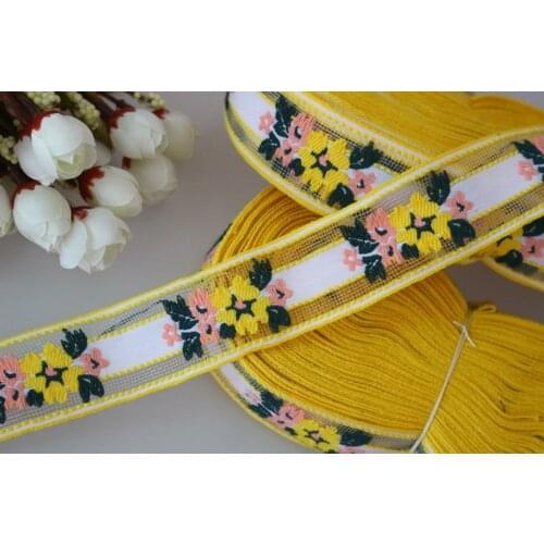 High quality 5yards/lots cotton Woven Jacquard Ribbon 3.3cm yellow with white flowers pattern LS-4349
