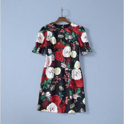 American European womens and clothing 2021 autumn new style short sleeves Round collar Flower beaded print Fashionable dress