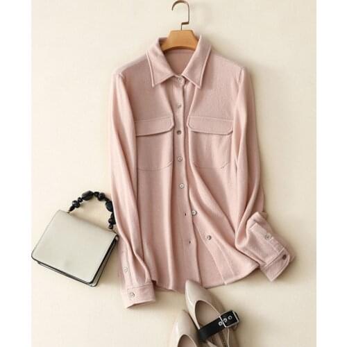 100% Cashmere Blouse Women Shirt Casual Style Turn-down Collar Long Sleeves Pockets Simple Design Top New Fashion