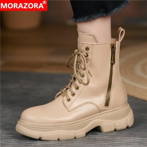 MORAZORA Size 34-42 Full Genuine Leather Boots Women Zip Lace Up Ankle Boots Platform Round Toe Fashion Platform Boots Shoes