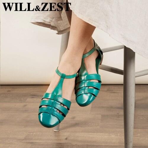WILL&ZEST Full Genuine Leather Vintage Flat Sandals Top Quality Luxury Brand Nursing Female Shoes Mary Janes Women Cute Flats