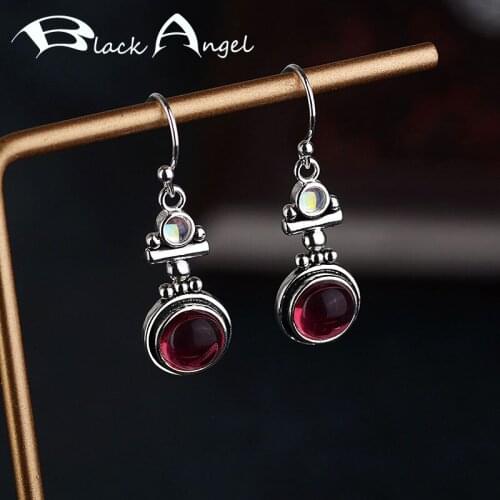 BLACK ANGEL Vintage Moonstone Drop Earrings for Women Thai Silver 925 Red Agate Gemstone Jewelry Anniversary Gift