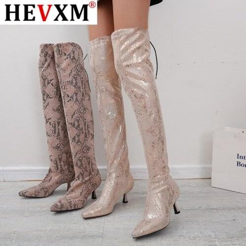 HEVXM Women Over The Knee Winter Boots Elastic Band PU Short Plush Warm High Heel Sexy Shoes 2020 Size 43 Serpentine Soft New