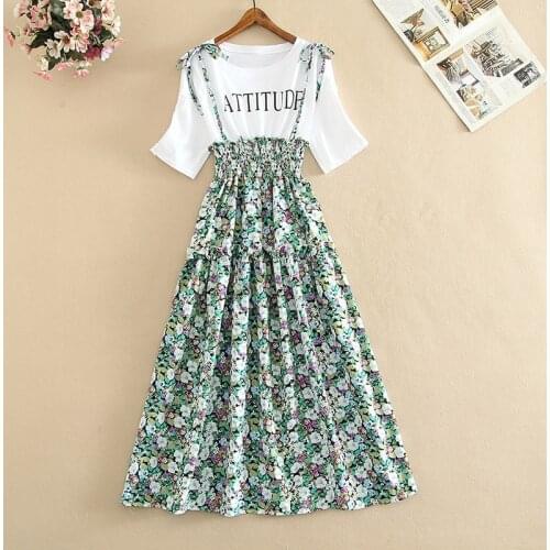 Summer New Cotton Flower Print Dress Casual Cute Women Floral Long Bowknot Dresses Short Sleeve Fake Two Piece Shirt Vestidos