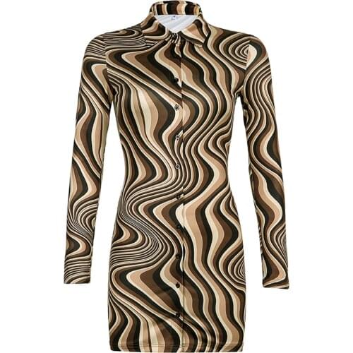 2021 New Women’s Casual Long Sleeve Dress Fashion Water Ripple Print Single-breasted Split Short Dress
