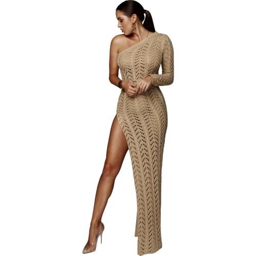 S-XL Womens Knitted One Shoulder Maxi Dress Sexy High Slit Crochet Swimsuit Beach Cover Ups