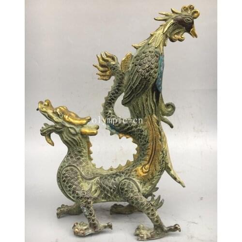 14'' bronze copper gild home fengshui beast dragon kylin bird rosefinch phoenix