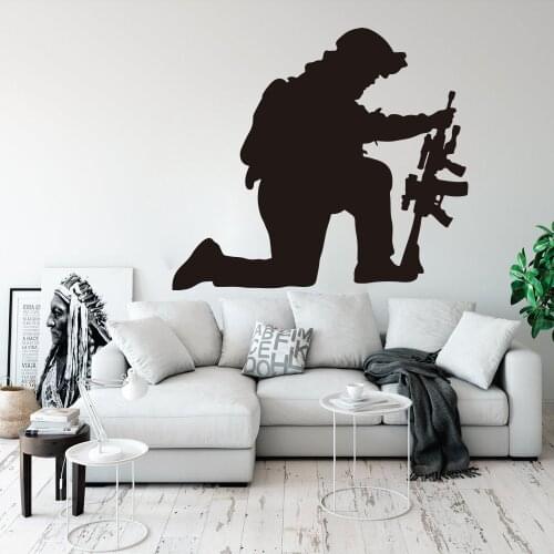 Army Soldier Kneeling Down with Gun Wall Decal Boy Room Bedroom Military Weapon Army Wall Sticker Living Room Vinyl Home Decor