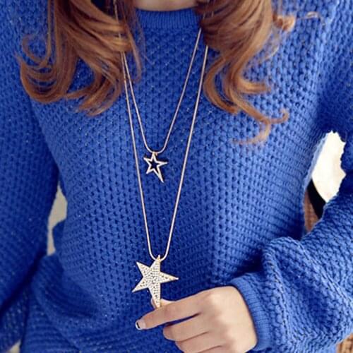 Big Rhinestone Star Pendant Necklaces for Women Statement Jewelry Accessories Gold Silvery 2 Layered Long Sweater Chain Necklace