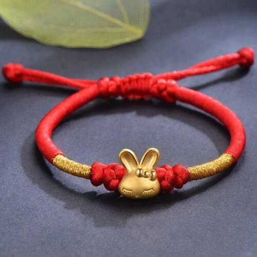 999 Pure 24k Yellow Gold Bracelet 3D Lovely Rabbit Pendant Red Cord Bracelet 6.3"L Wedding Gift