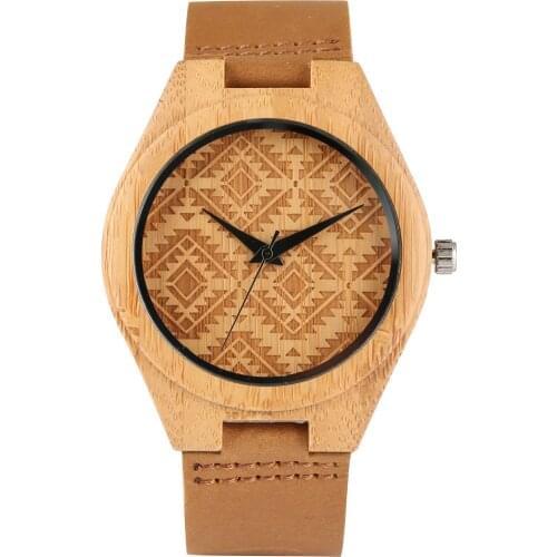 Relogio Feminino Bamboo Wood Watch Men Women Durable Leather Band Diamond Dial Handmade Quartz Wristwatch erkek kol saati