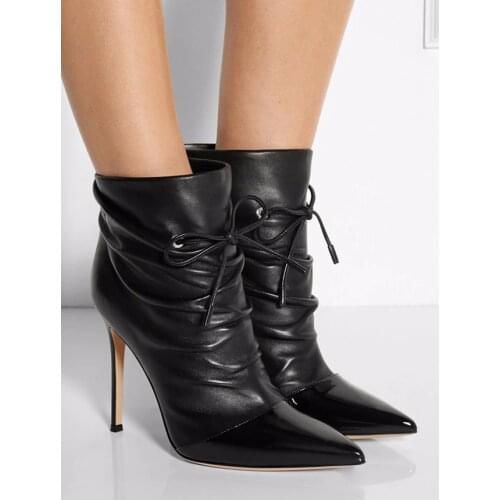 Black Solid Sexy Pointed Toe And Thin High Heel Spring Women Boots Lace-up Sample Hottest Women Shoes PU Ankle Women Boots