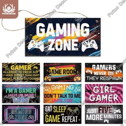 Putuo Decor Game Sign Wooden Wall Plaque Wood Plaques Hanging Signs Wall Decor for Man Cave Game Room Door Hanging Decoration