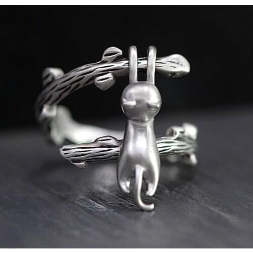 2020 Hot Cute Designer Cat Climbing Tree Adjustable Opening Rings For Women Silver Color Female Jewelry Birthday Party Gifts
