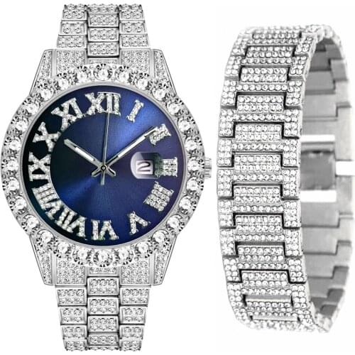 Iced Out Watch Chain Bracelet for Men Iced Out Watch Set for Mens Hip Hop Jewelry Gold Diamond Luxury Men Watch Red Dial Relojes