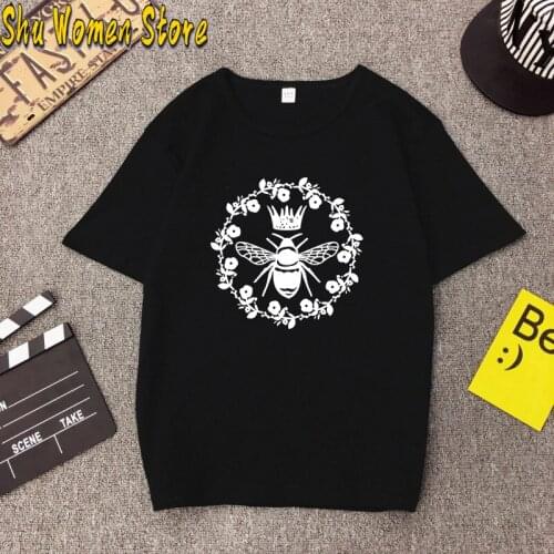 Summer Hipster Harajuku Tee Shirt Bee print Solid Color Basic T Shirt Women Short Sleeve Casual O-neck Top Streetwear