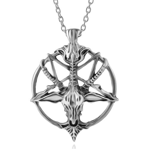Fashion Inverted Pentagram Goat Pan God Skull Head Pendant Necklace Satanism Occult Metal vintage star statement