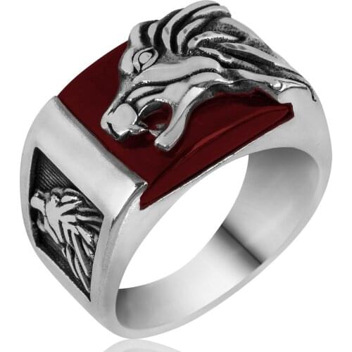 Solid 925 Sterling Silver Handmade Agate Stone Lion Mens Ring