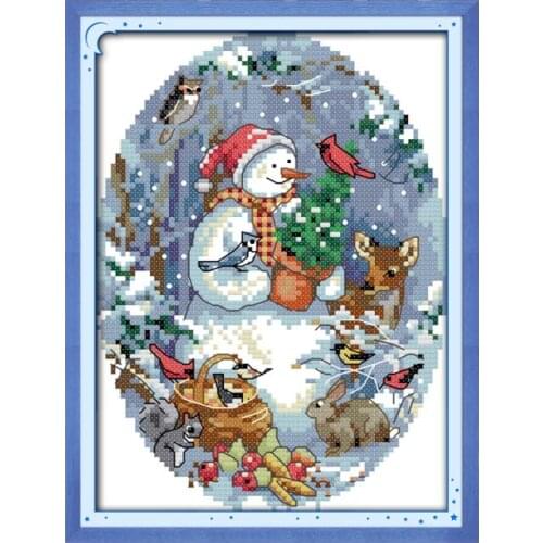 Joy Sunday Cute Little Snowman Cross Stitch Kit Animal Living Room Printed Counted Chinese Embroidery Needlework Decorations Set