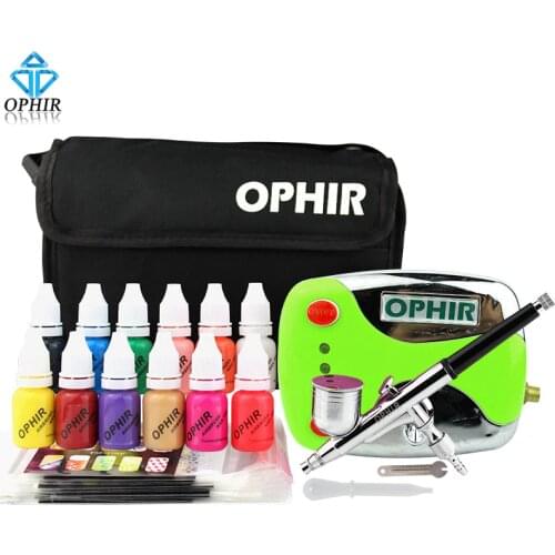 OPHIR 0.3mm Nail Art Airbrush Kit with Air Compressor 12 Color Inks 20 Airbrushing Stencils & Bag & Cleaning Brush Nail Tool Set