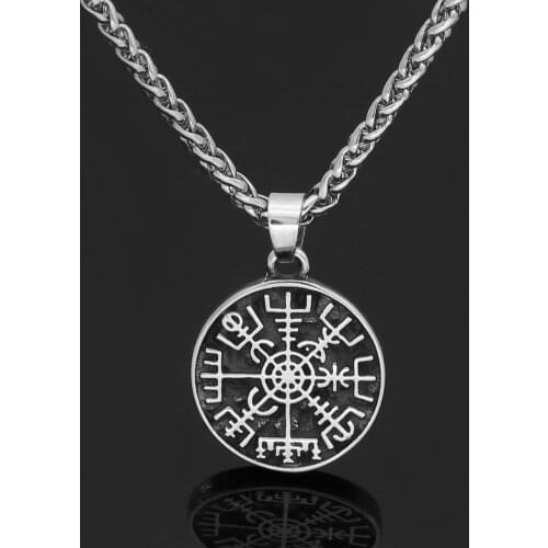 Stainless steel Nordic Viking rune compass amulet pendant necklace small size with valknut gift bag