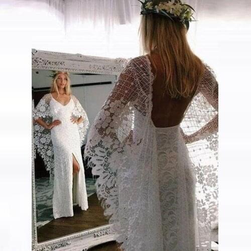 Latest Summer Bohomian Lace Full Length Bridal Wedding Dresses Sexy Front Slit Deep V Neckline Wedding Gowns for Bride Backless