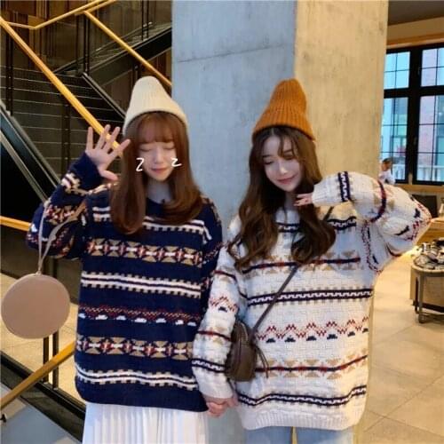 2021 Autumn Winter New O neck Girls Sweater Female Korean Loose Pullover Ladies Long Sleeve Exquisite Pattern Knit Crop Tops