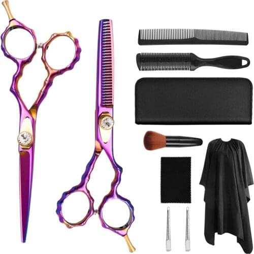 5.5 Inch Purple Straight Blade Japan Stainless Steel 440c Haircut Cutting Thinning Scissors Salon Barber Scissor Set