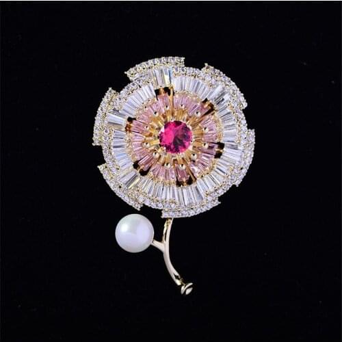 OKILY Vintage Double Color Zircons Floral Brooch Pin for Womens Fashion Jewelry Crystal Cute Flower Pearl Brooches Wedding Gift