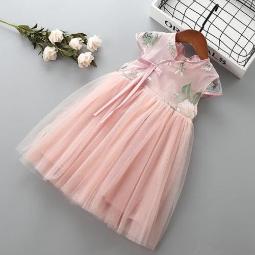 3-7 year High quality girl dress 2021 new summer Chinese style bow flower kid children girl clothing party formal princess dress