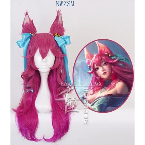 Game LOL Spirit Blossom Ahri Cosplay Wig With Ears Headwear Cosplay Costume The Nine-Tailed Fox Hair Women Wigs
