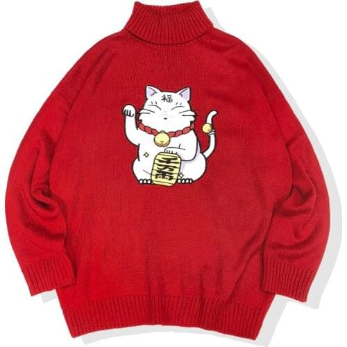 PERHAPS U Women Red Sweater Knitted Lucky Cat Turtleneck Pullovers Long Casual Autumn Winter Bottoming Shirt M0103