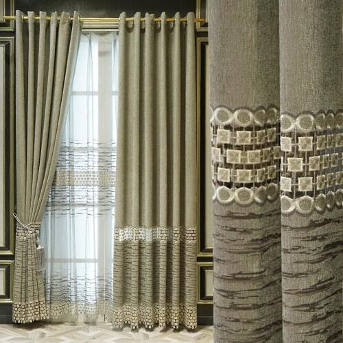 Luxury Semi-Blackout Embroidery Curtains for Living Room Nordic Chenille Finished Product Flower Beige Tulle