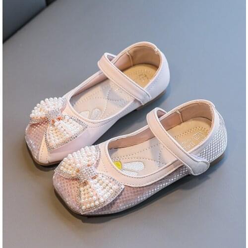 Girls Princess Shoes Pearls Bowite Mary Janes Shoes For Kids Baby Glitter Leather Shoes Rubber Dancing Show Wedding Toddlers