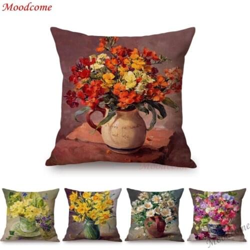 Vintage Flowers Decorative Pillow Cover Europe Cotton Linen Lily Rose Daffodils Ikebana Flower Art Oil Painting Cushion Cover