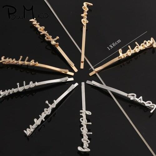 Powmuco 5pcs/lot Metal Letters Straight Hairpin Gold and Silver Women Hair Clip DIY Headwear Accessories Pro Salon Styling Tools