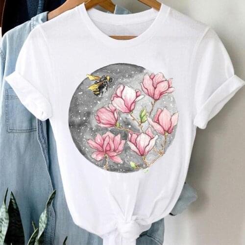 T-shirts Flower Lovely Sweet Short Sleeve Print Clothes Women Cartoon Casual Fashion Graphic Tshirt Top O-neck Lady Female Tee