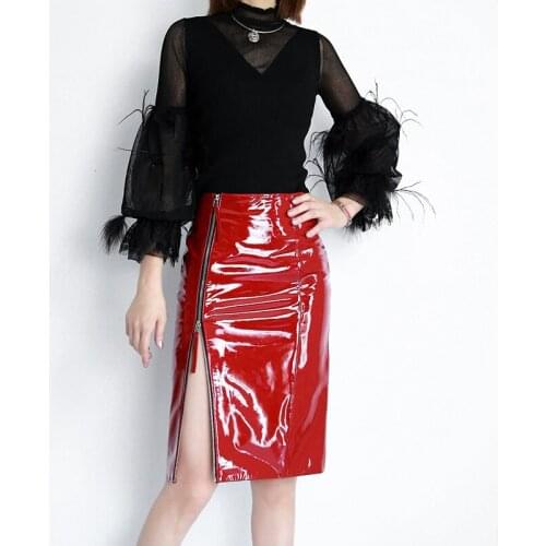 Real Genuine Leather Women Zipper Fashion Design Bright Patent Midi Skirts Runway High Quality Luxury Brand Bodycon Skirt