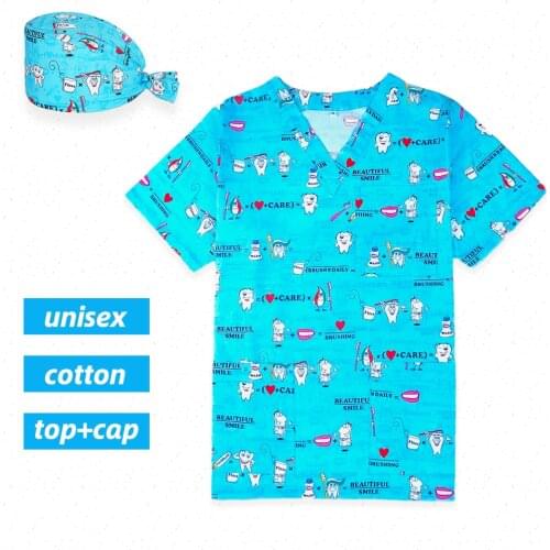 Women Men Cotton Nurse Working Scrub Top Unifrom Cap Cartoon Printed Uniforms Tops Caps For surgeon,Physician XXS-4XL