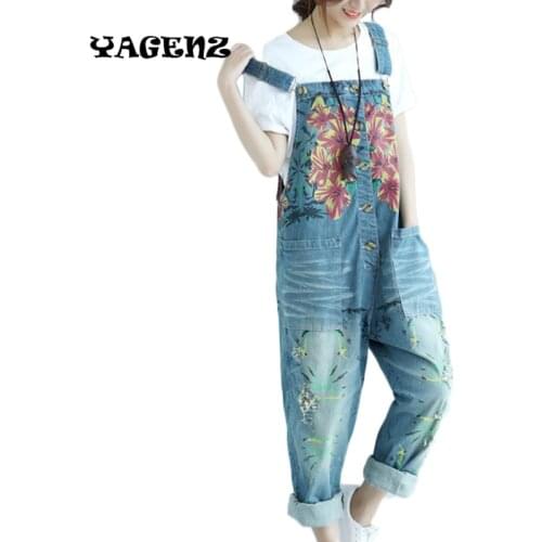 Ladies cowboy pants Summer Women Casual Holes Loose Denim Rompers Straps Bib Overalls Jumpsuit Floral Printed Jeans Rompers