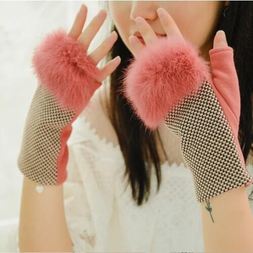Womans Semi-Finger Gloves Fashion Elegant Rabbit Hair Spring Autumn Half Finger Driving Lady Mittens BN88002