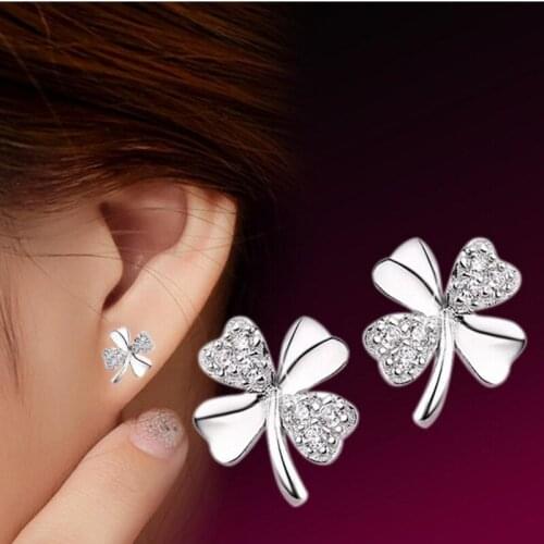 TJP Latest Shining Crystal Clover Women Stud Earring Jewelry Fashion 925 Sterling Silver Earrings For Girl Lady Wedding Party