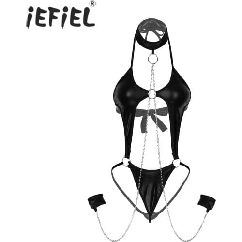 Women O-ring Hallow Out Lingerie Set Patent Leather Halter Lace-up Leotard Jumpsuit with Metal Chain Cuffs Sexy Bodysuit Outfits