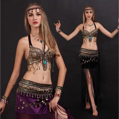 2019 Cheap New Women AST Tribal Belly Dance Costume Set Egyptian Dance Bra, Belt Wear Performance Stage Clothing on sale