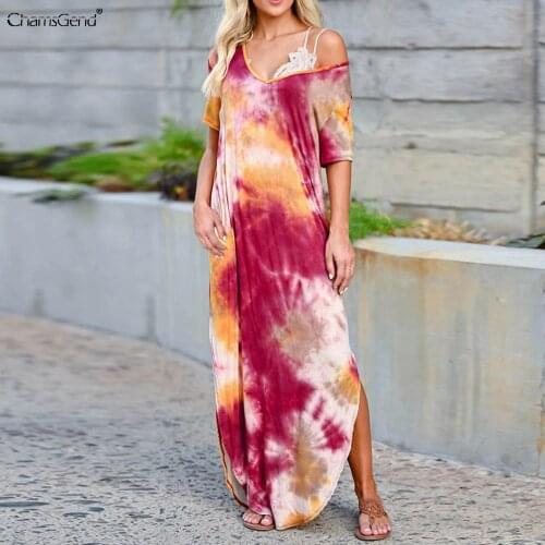 Summer Women Casual Short Sleeve Long Dress Sexy V Neck Split Beach Party Dresses Printed Loose Maxi Dress Vestidos Dropshipping